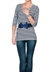 Одежда в морском стиле - Магазин тельняшек.ру 8-800-700-93-18Тельняшка женская приталенная с рукавом 3/4 (темно-синяя полоса) в Магазине тельняшек