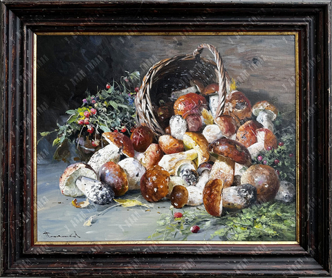 Плотников В. В. Натюрморт с белыми грибами и земляникой. Холст, масло. 2022 г.