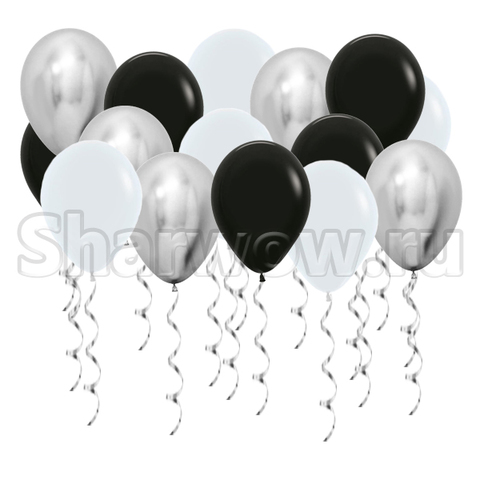 Воздушные шары с гелием под потолок Серый, серебро хром, черный