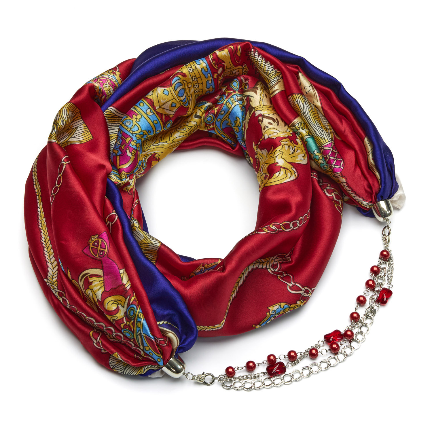 Красный шелковый шарф с украшением