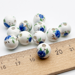 Бусины Шар с цветами, керамика, цвет синий, размер около 10 мм, цена за 1 шт