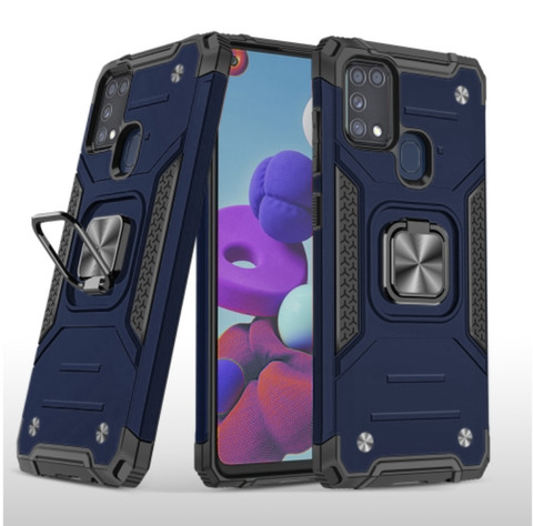 Противоударный чехол для Samsung Galaxy M31 M315 синий с пластиной для магнитного автодержателя и кольцом подставкой / чехол накладка для телефона Самсунг Галакси М31 трансформируется в подставку / чехол с держателем на палец