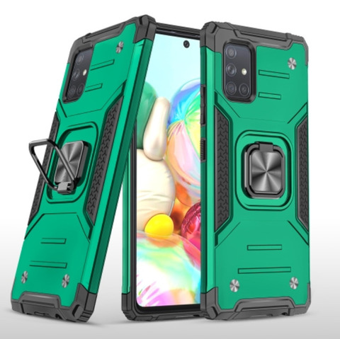 Противоударный чехол для Samsung Galaxy A71 A715 зеленый с пластиной для магнитного автодержателя и кольцом подставкой / чехол накладка для телефона Самсунг Галакси А71 А715 трансформируется в подставку / чехол с держателем на палец