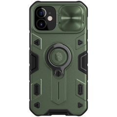 Чехол противоударный от Nillkin зеленого цвета (Dark Green) для iPhone 12 mini, серия CamShield Armor Case, с кольцом и металлической защитной шторкой для камеры
