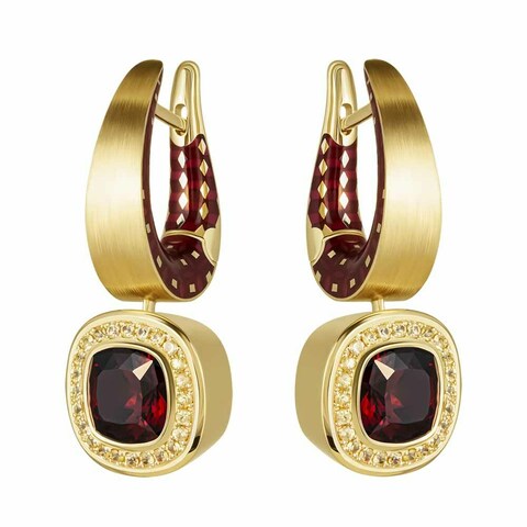 Серьги c Гранатом и жёлтыми Сапфирами, Эмаль, E0176-52/16