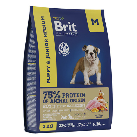 Корм BRIT Premium Dog Puppy and Junior Medium с курицей 3кг,для щенков ср.пород 02.2025