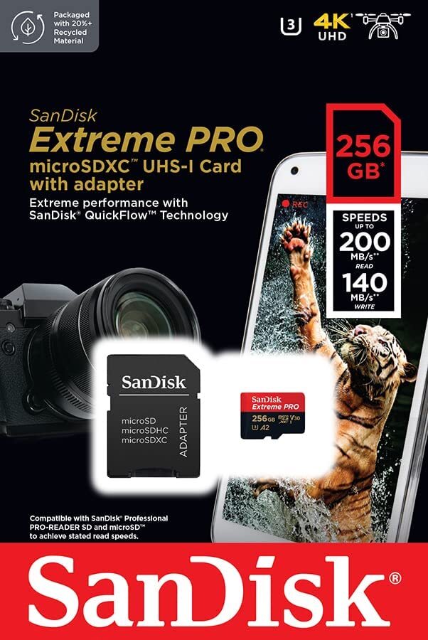 Карта памяти SanDisk Extreme Pro microSDXC 256 ГБ UHS-I, V30, A2, U3 с адаптером