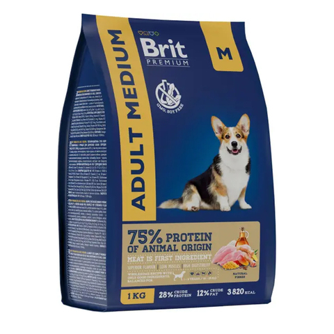 Сухой Корм Brit Premium Adult Medium с курицей 1кг,для собак средних пород (10-25 кг) 07.25