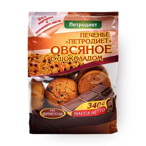 Печенье Петродиет Овсяное с кусочками шоколада на фруктозе, 340г