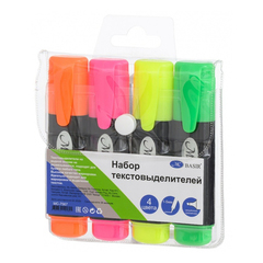 Маркер текстовыделитель Basir, в черном корпусе, 13 см, разноцветные, набор 4 шт