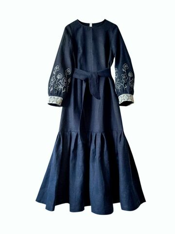 Ворожея. Платье льняное макси, темно-синее вышивкой PL-42-5398