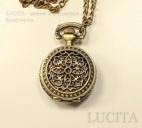 Часы на цепочке с филигранным цветком (цвет - античная бронза) 40х27х13 мм