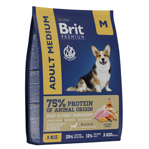 Сухой Корм Brit Premium Adult Medium с курицей 3кг, для собак ср.пород (10-25 кг) 06.25