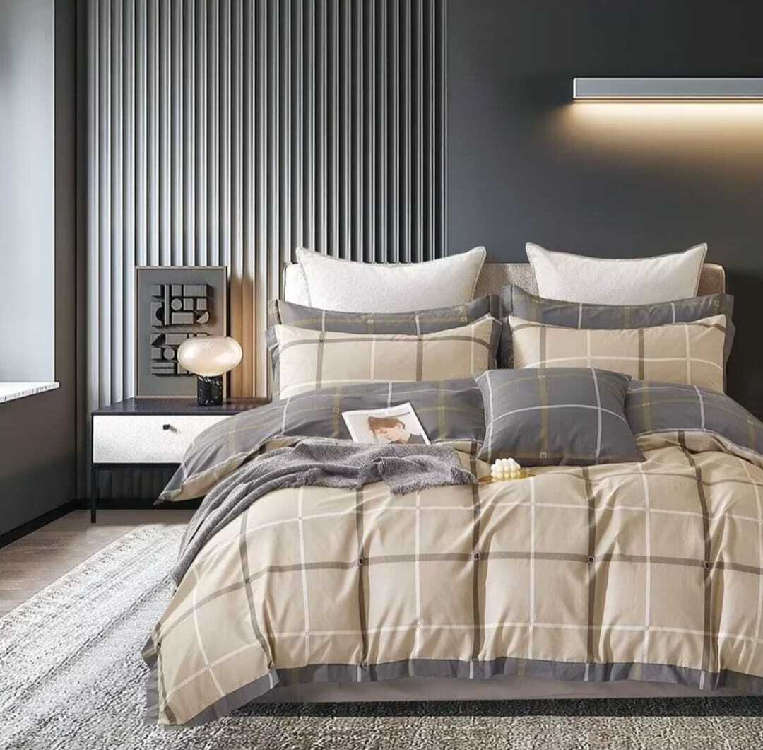 Комплект полуторка Сатин Бежевый клетка