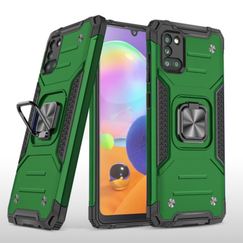 Противоударный чехол для Samsung Galaxy A31 A315 зеленый с пластиной для магнитного автодержателя и кольцом подставкой / чехол накладка для телефона Самсунг Галакси А31 А315 трансформируется в подставку / чехол с держателем на палец