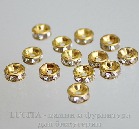 Бусина - рондель 6х3 мм с прозрачными фианитами (цвет - золото), 5 штук