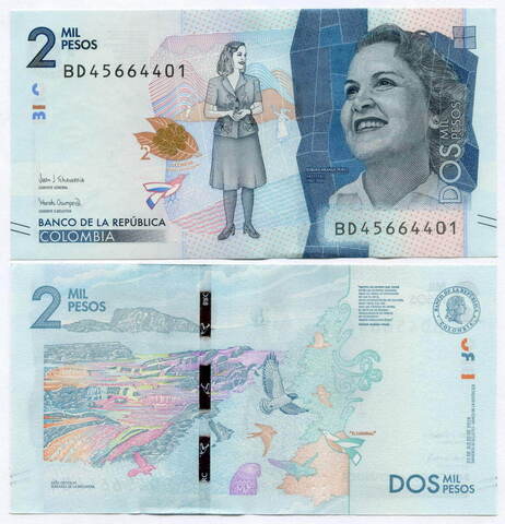 Банкнота Колумбия 2000 песо 2019 год BD45664401. UNC