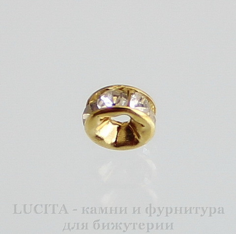 Бусина - рондель 6х3 мм с прозрачными фианитами (цвет - золото), 5 штук