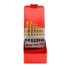 Набор метчиков машинных M3 -M12 HSSE-TiN DIN371/376 (B/4-5P, C/2,5P,сверла) 21пр H-Tools 245054THT
