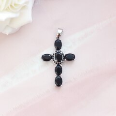 УЦЕНКА!!! Подвеска Крестик с чёрными фианитами 34*23 мм, родий, У091