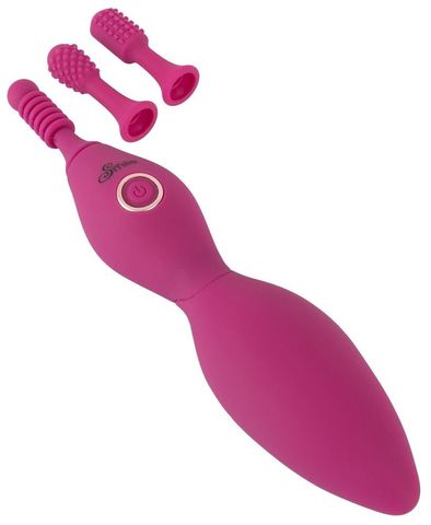 Ярко-розовый клиторальный вибратор с 3 насадками Spot Vibrator with 3 Tips - 17,9 см.