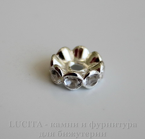 Бусина - рондель 10х4 мм с прозрачными фианитами (цвет - серебро), 5 штук ()