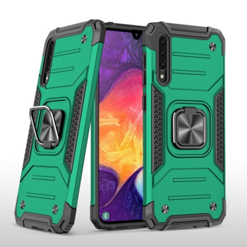 Противоударный чехол для Samsung Galaxy A50 A505 / A50s / A30s зеленый с пластиной для магнитного автодержателя и кольцом подставкой / чехол накладка для телефона Самсунг Галакси А50 А505 / А50с / А30с трансформируется в подставку / чехол с держателем на