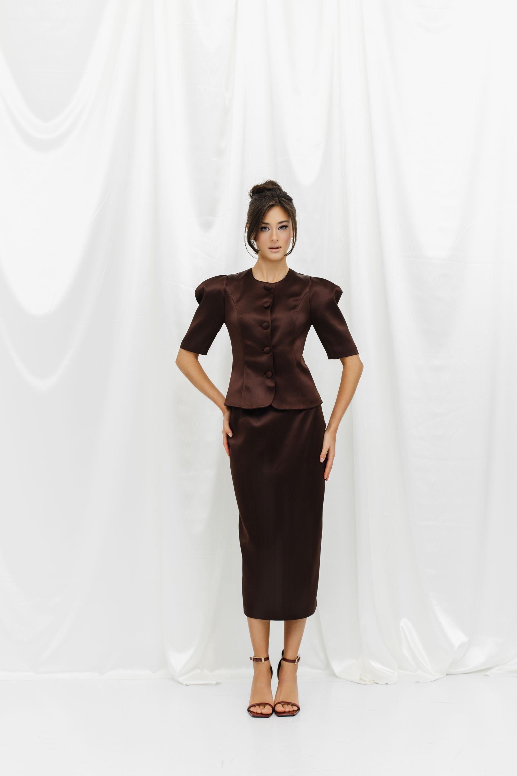 Юбка из атласа миди шоколадная – купить за 5 499 ₽ | VELVET-STORE