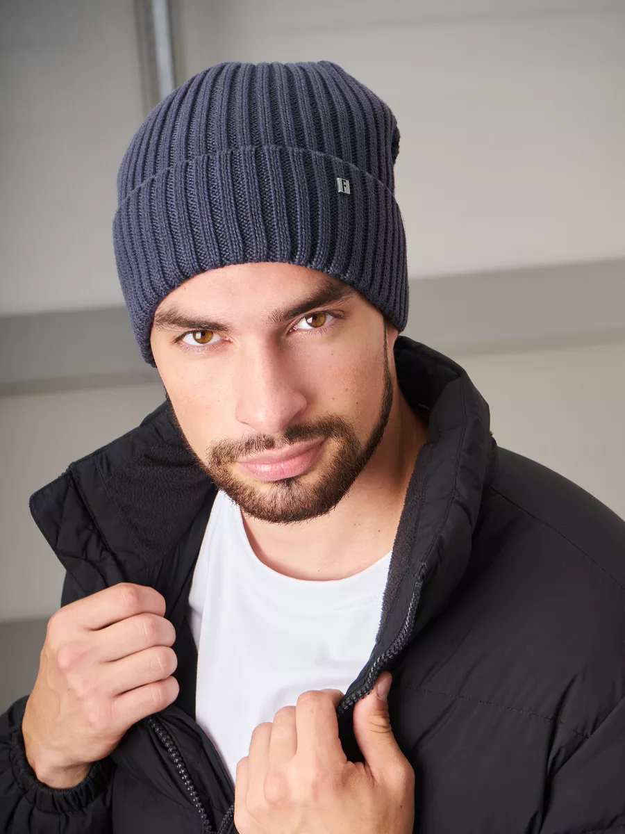 Шапка зимняя на флисе вязаная бини