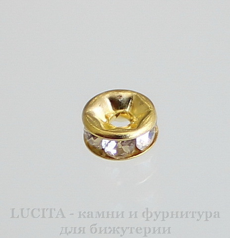 Бусина - рондель 6х3 мм с прозрачными фианитами (цвет - золото), 5 штук