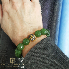 Браслет "Дракон" Зеленый нефрит. 12мм. Позолоченный.