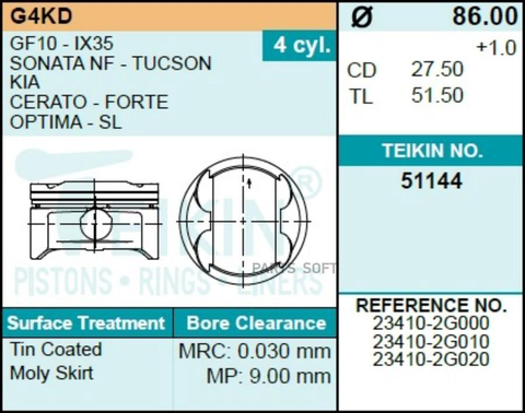 Поршень двигателя TEIKIN 51144 0.50 (4шт/упак)