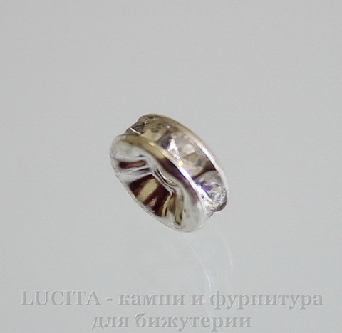Бусина - рондель 8х3,5 мм с прозрачными фианитами (цвет - серебро), 5 штук
