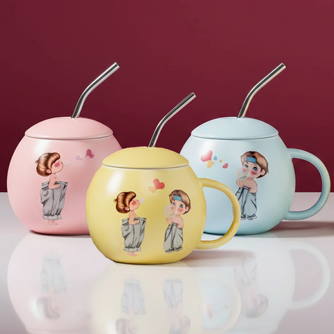 Керамическая кружка с крышкой, голубой/розовый/желтый, 430мл