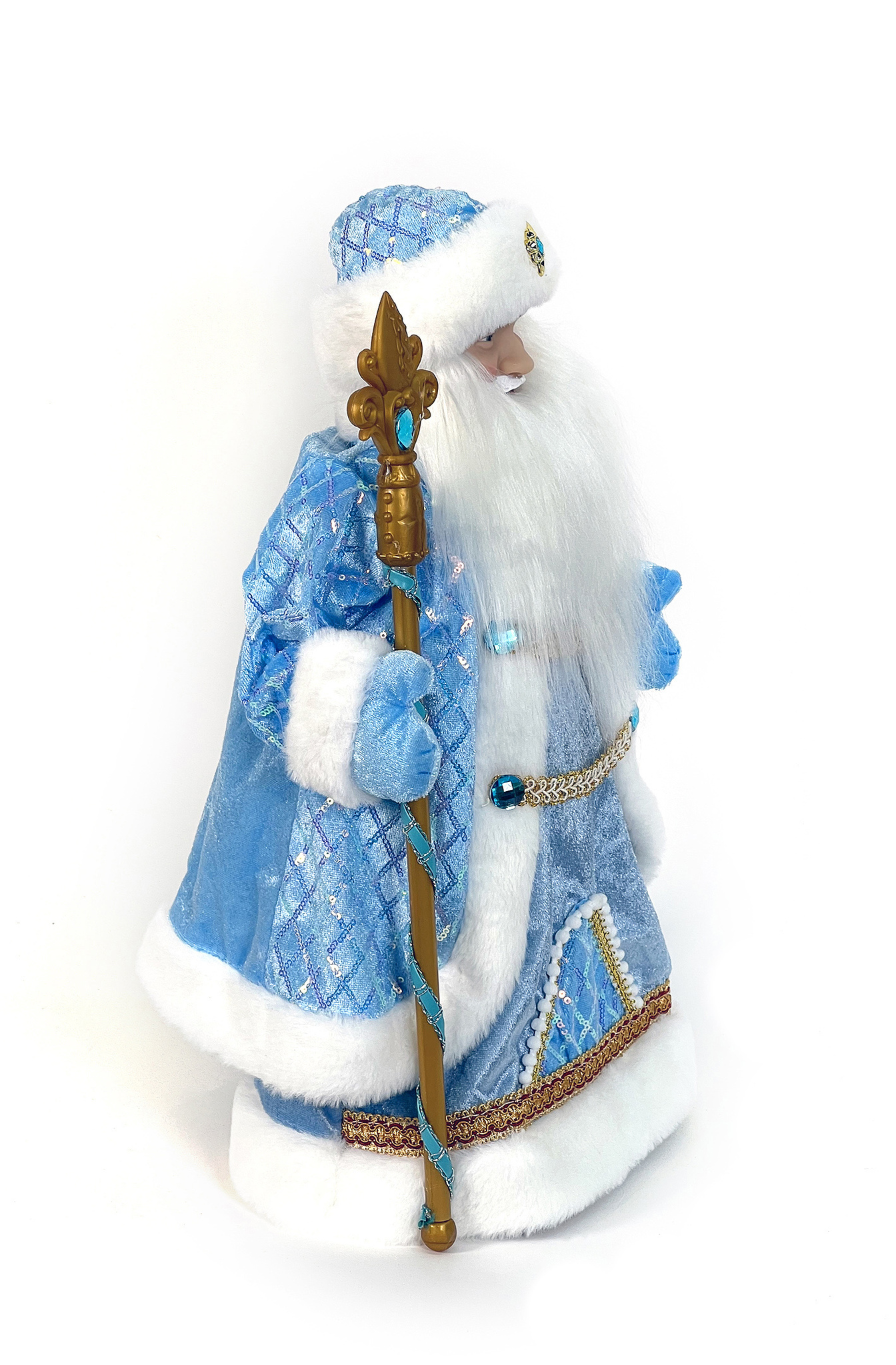 Елочная стеклянная игрушка Дед Мороз в голубой шубе с телефоном, высота 120мм