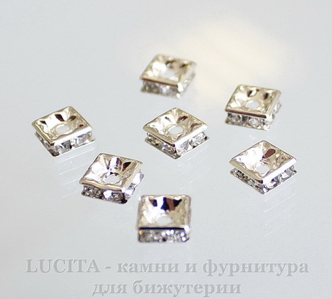 Бусина - рондель квадратная 6х6х3 мм с прозрачными фианитами (цвет - серебро), 5 штук