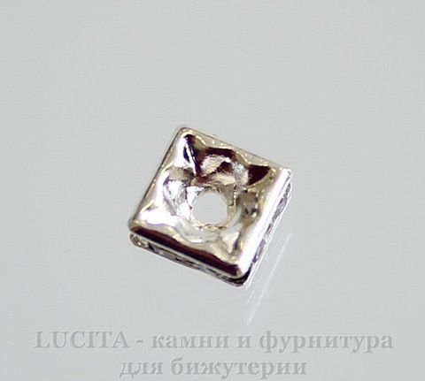 Бусина - рондель квадратная 6х6х3 мм с прозрачными фианитами (цвет - серебро), 5 штук