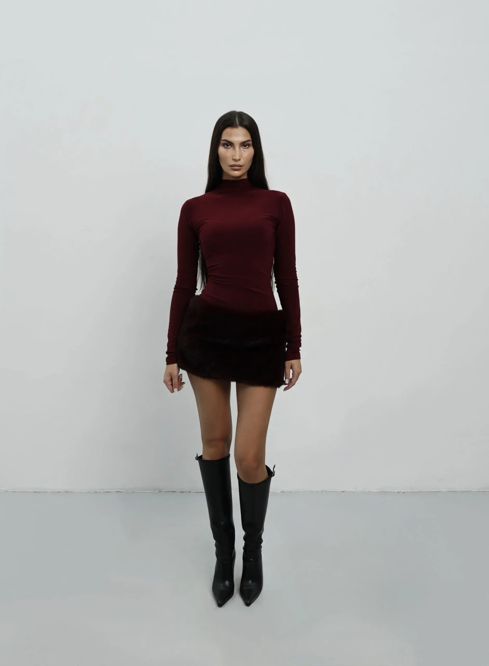 Платье с мехом, Бордовое