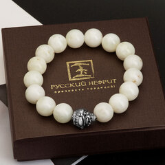 Браслет Хотэй. Белый нефрит с надцветом. 12мм