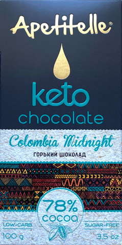 Кето шоколад Apetitelle Colombia Midnight, горький низкоуглеводный шоколад без сахара 78% какао, 100 гр