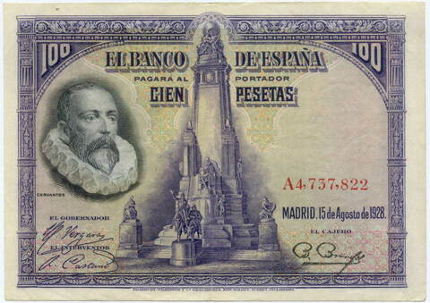 Банкнота Испания 100 песет 1928 год A4 737 822. VF