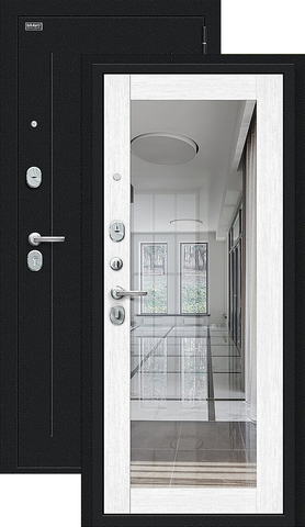 Теплая дверь входная Браво R-2 Флэш зеркало, 2 замка, 1,2 мм металл, (черный букле+сноу мелинга)