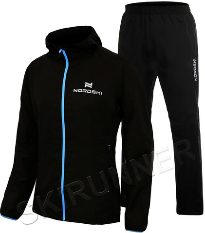 Беговой ветрозащитный костюм с капюшоном Nordski Run Light Black 2022 с прямыми брюками