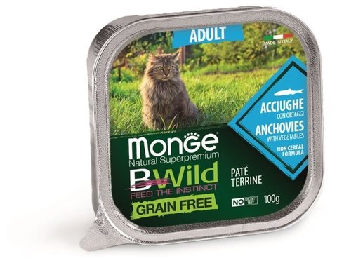 Monge Cat BWild GRAIN FREE беззерновые консервы из анчоусов с овощами для взрослых кошек 100г