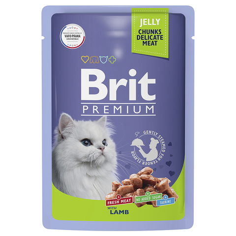 Влажный корм Brit Premium с ягненком кусочки в желе, для взрослых кошек, 85 г.