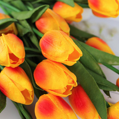 Тюльпаны реалистичные искусственные, Красно-желтые, латексные (силиконовые), 34 см, букет из 9 штук.