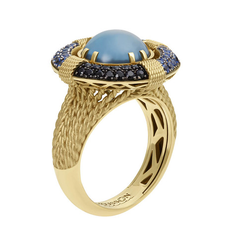 Кольцо "На море" с топазом London, синими и черными сапфирами, R0293-0/2