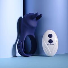 Синее эрекционное виброкольцо с клиторальной подушечкой и пультом ДУ Adjustable Fun Ring - 