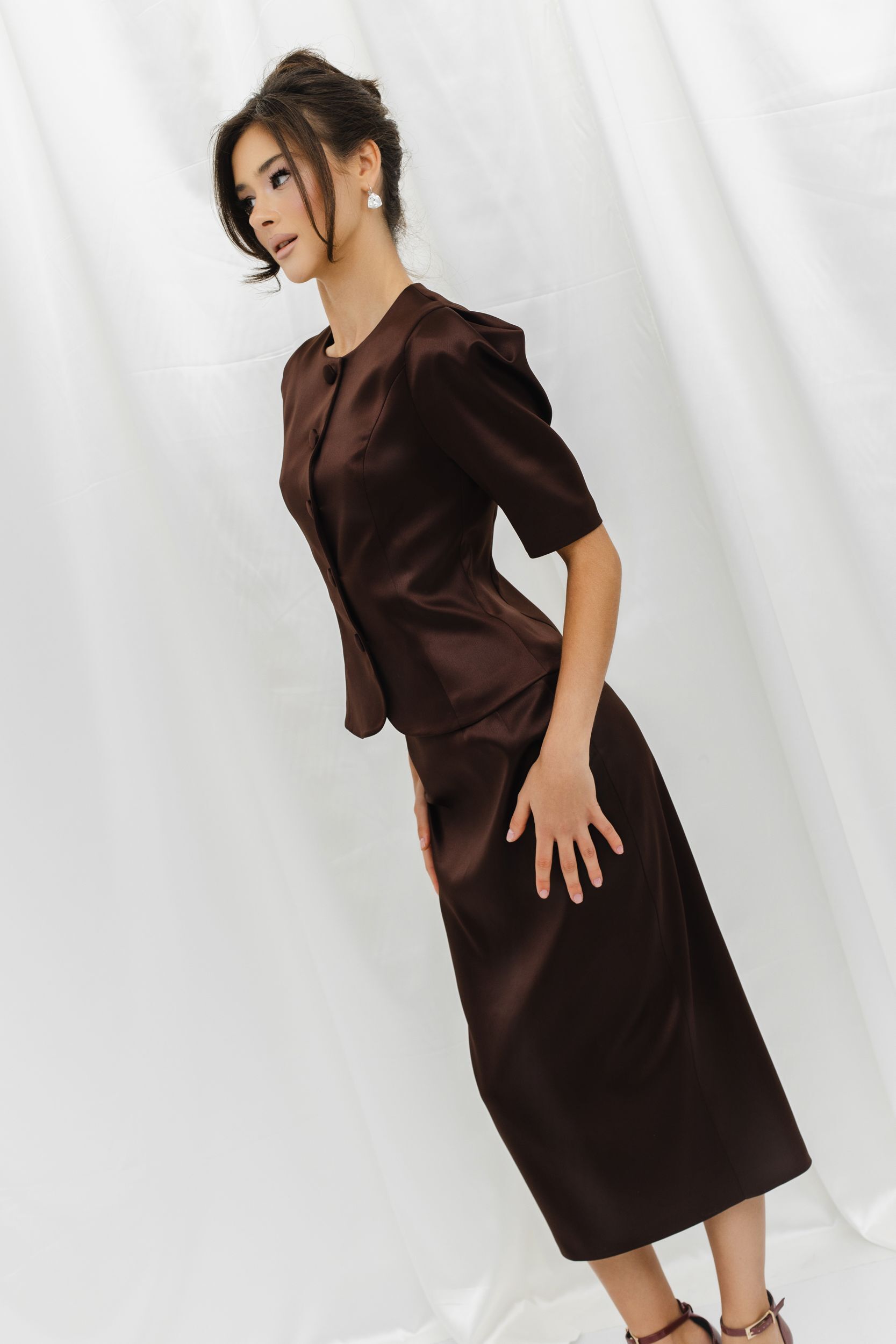 Юбка из атласа миди шоколадная – купить за 5 499 ₽ | VELVET-STORE