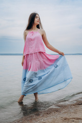 Розовый рассвет. Юбка льняная макси с вышивкой 